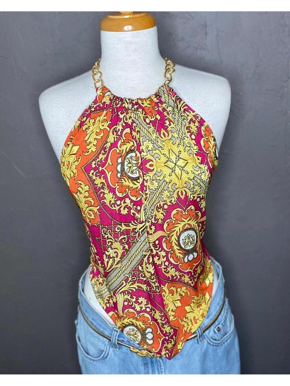 Y2K Chain Neck Halter Top: Fuchsia Orange Paisley Print Arden B Medium